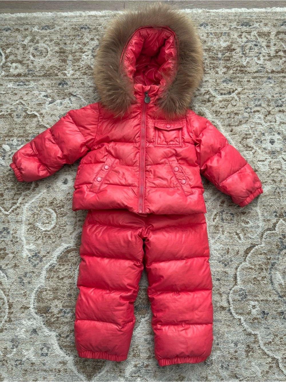 Moncler pink Kids Puffer Jacket and Snow Pants with Fur-Trim Hood 2T